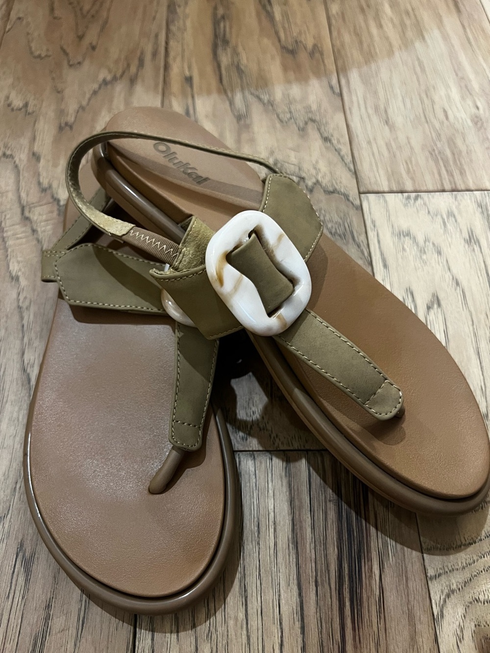 OluKai Women's Brown Slingback Thong Sandals with Ivory Buckle Accent - Picture 4 of 6